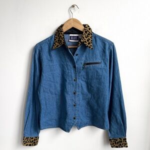 Vintage Bill Blass Denim Shirt Leopard Print Trim Small Indie Sleaze 90s Western